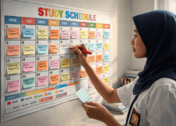 Infografis trik susun agenda persiapan ujian yang menampilkan peserta menerapkan jurus atur jadwal belajar UTBK.