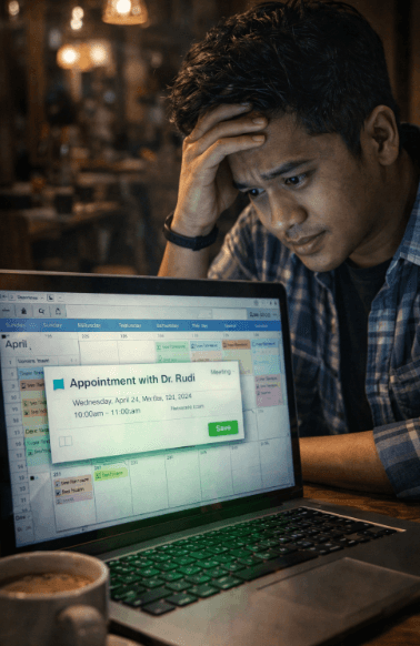 Infografis trik susun waktu tatap muka yang menampilkan mahasiswa mengelola kalender tugas akhir.