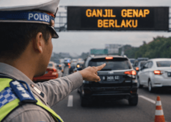 Sosialisasi petugas kepolisian mengenai Aturan Ganjil Genap 2026 di pintu masuk tol utama saat masa arus balik Lebaran.