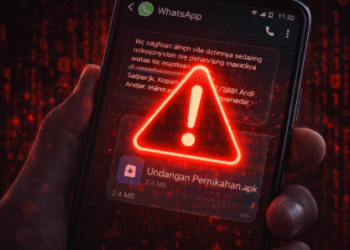 Infografis bahaya file APK palsu pada pesan WhatsApp yang sanggup menguras saldo rekening korban