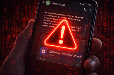 Infografis bahaya file APK palsu pada pesan WhatsApp yang sanggup menguras saldo rekening korban