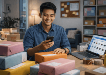 Infografis trik rintis usaha biaya rendah yang menampilkan pemuda menerapkan jurus bangun bisnis modal kecil.