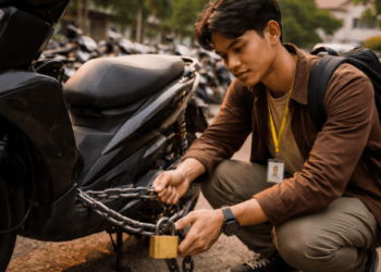 Infografis trik kendarai motor universitas tanpa waswas yang menampilkan mahasiswa menerapkan jurus bawa kendaraan kampus aman.