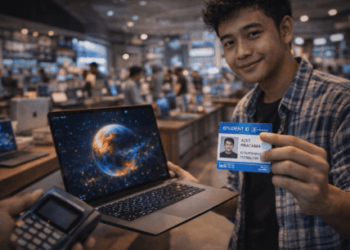 Infografis trik tebus mesin komputasi hemat yang menampilkan mahasiswa membawa pulang gawai kampus tangguh.