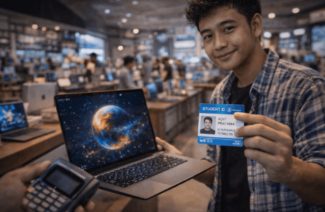 Infografis trik tebus mesin komputasi hemat yang menampilkan mahasiswa membawa pulang gawai kampus tangguh.