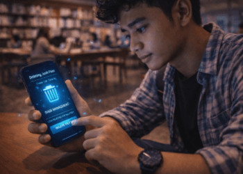 Infografis trik kosongkan memori alat pintar yang menampilkan mahasiswa menghapus tumpukan data ponsel.