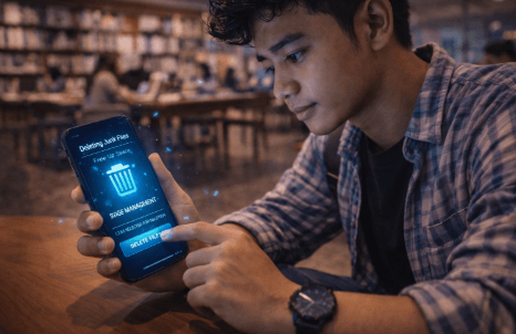 Infografis trik kosongkan memori alat pintar yang menampilkan mahasiswa menghapus tumpukan data ponsel.