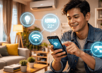 Infografis cara bikin smart home murah yang menampilkan kendali lampu dan pendingin ruangan lewat layar gawai pintar.