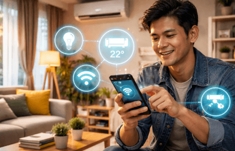 Infografis cara bikin smart home murah yang menampilkan kendali lampu dan pendingin ruangan lewat layar gawai pintar.