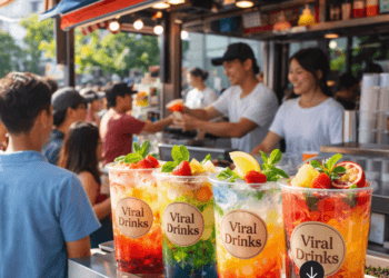 Gerai bisnis minuman viral modal kecil yang sedang ramai pembeli.