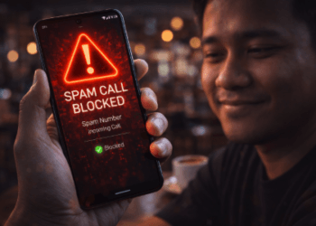 Infografis cara blokir nomor penipu otomatis yang menampilkan peringatan bahaya panggilan spam pada layar HP.