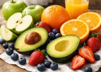 Infografis berbagai jenis buah penghancur kolesterol seperti apel, alpukat, dan jeruk di atas meja makan