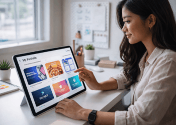 Infografis trik susun galeri karya daring yang menampilkan pemuda menerapkan jurus buat portofolio digital menarik.