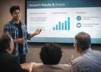 Infografis trik rancang salindia presentasi akhir yang menampilkan mahasiswa memukau penguji ujian sarjana.