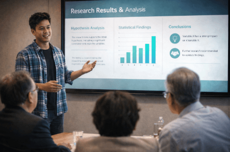Infografis trik rancang salindia presentasi akhir yang menampilkan mahasiswa memukau penguji ujian sarjana.