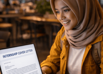 Infografis trik tulis aplikasi praktik kerja yang menampilkan mahasiswa menerapkan jurus buat surat lamaran magang.