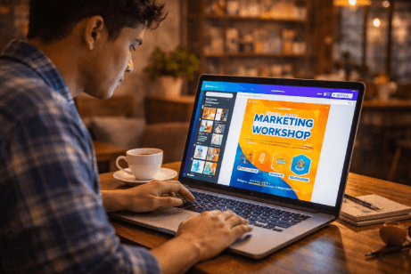 Infografis panduan jual karya grafis maya yang menampilkan mahasiswa menawarkan pembuatan visual kreatif bernilai uang.