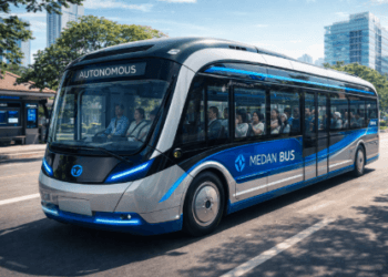 Armada bus listrik otonom dalam sistem transportasi publik Medan 2026.
