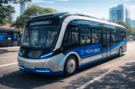 Armada bus listrik otonom dalam sistem transportasi publik Medan 2026.