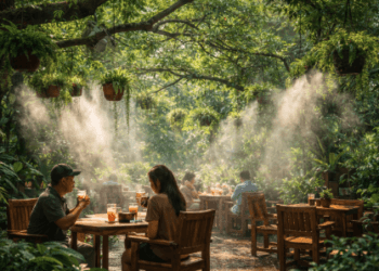 Suasana asri dan dingin di salah satu cafe outdoor sejuk di Medan yang menawarkan pelarian dari cuaca panas ekstrem kota.