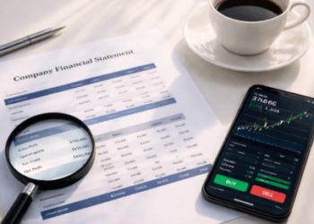 Proses melakukan analisis fundamental saham melalui pemeriksaan laporan keuangan perusahaan secara teliti.