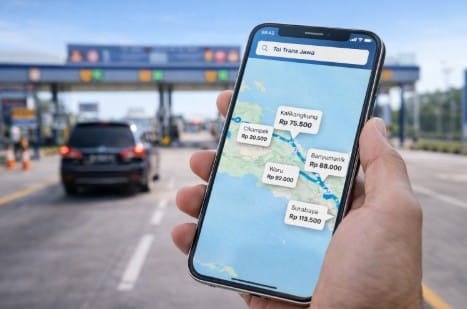 Seorang pengemudi menggunakan smartphone untuk melakukan cara cek tarif tol arus balik 2026