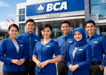 Peserta program Magang Bakti BCA Medan sedang berpose di depan kantor wilayah untuk menyambut nasabah.