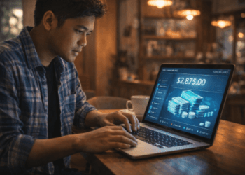 Infografis panduan hasilkan rupiah lewat web yang menampilkan mahasiswa meraup cuan dunia maya dari gawai pintar.
