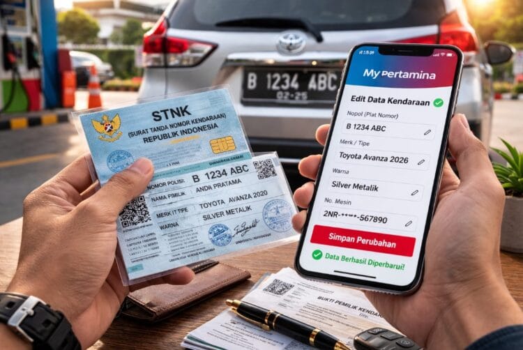 Seorang pria sedang memegang STNK baru dan melakukan update data di aplikasi MyPertamina