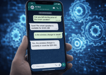 Visualisasi sistem kecerdasan buatan yang terhubung dengan aplikasi WhatsApp guna melayani pertanyaan pelanggan secara otomatis.