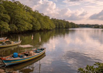 Pemandangan alam yang tenang di Danau Siombak Medan Utara dengan deretan pohon mangrove dan perahu nelayan.