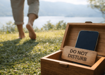 Tindakan menjauhkan perangkat elektronik guna menikmati momen ketenangan di alam bebas tanpa gangguan notifikasi digital.