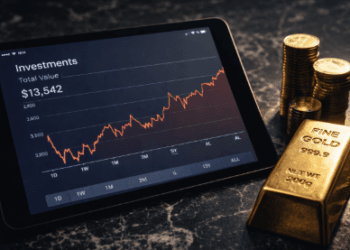 Perbandingan visual antara grafik saham yang menurun dan emas batangan sebagai strategi melindungi aset investasi saat krisis.