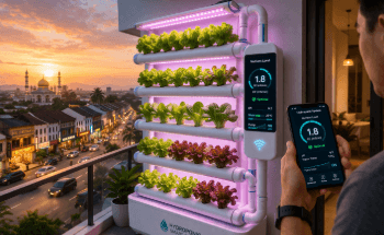 Sistem budidaya tanaman tanpa tanah yang terintegrasi dengan sensor digital guna memantau perkembangan sayuran secara otomatis di lahan terbatas.