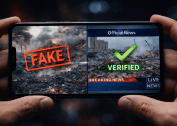 Visualisasi proses verifikasi informasi guna membedakan berita hoaks dari fakta di media sosial.