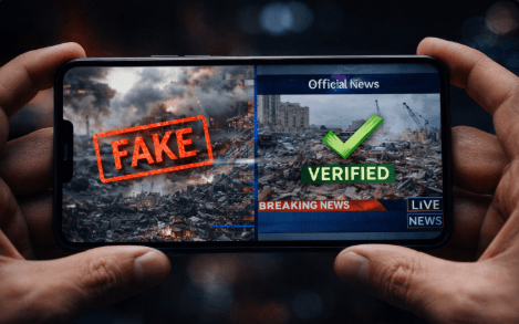 Visualisasi proses verifikasi informasi guna membedakan berita hoaks dari fakta di media sosial.