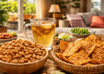 Penyajian berbagai jenis kudapan tradisional hasil olahan kacang-kangan lokal yang dimasak dengan teknik sehat guna mempertahankan kandungan nutrisi.