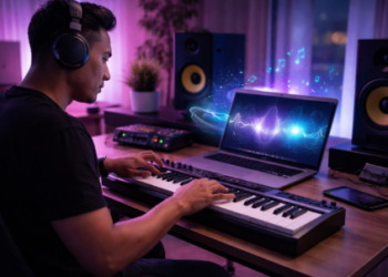 Penggunaan platform kecerdasan buatan guna menciptakan komposisi musik orisinal yang unik untuk kebutuhan latar belakang konten video kreatif.