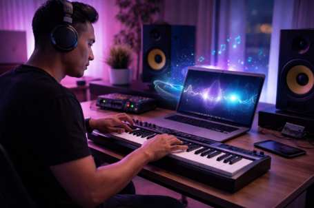 Penggunaan platform kecerdasan buatan guna menciptakan komposisi musik orisinal yang unik untuk kebutuhan latar belakang konten video kreatif.