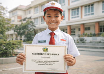 Seorang siswa sedang menunjukkan dokumen bukti kelulusan seleksi beasiswa berprestasi dari Pemerintah Kota Medan.