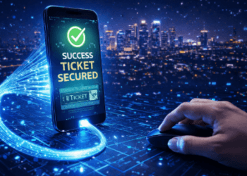 Keberhasilan transaksi pembelian tiket hiburan secara daring melalui perangkat digital dengan koneksi internet yang sangat stabil.