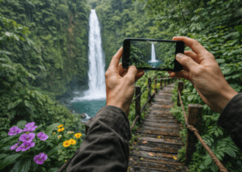 Seorang wisatawan sedang memotret pemandangan alam dari jalur yang sudah disediakan guna menjaga kelestarian tanaman endemik di sekitarnya.