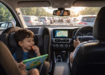 Seorang ibu memberikan mainan sebagai cara mengatasi anak rewel saat macet di dalam mobil