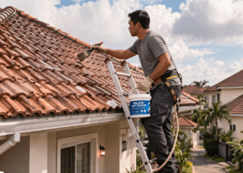 Seorang pria sedang memeriksa posisi genteng guna menerapkan cara mengatasi atap rumah bocor di bagian atas rumah.