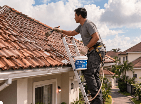 Seorang pria sedang memeriksa posisi genteng guna menerapkan cara mengatasi atap rumah bocor di bagian atas rumah.