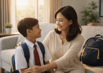 Ibu sedang memberikan motivasi kepada anak untuk kembali semangat masuk sekolah setelah libur panjang