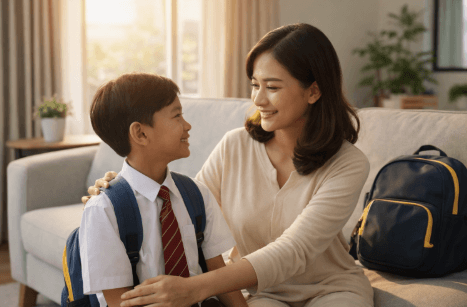 Ibu sedang memberikan motivasi kepada anak untuk kembali semangat masuk sekolah setelah libur panjang