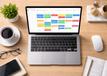 Tampilan kalender digital yang terbagi menjadi blok-blok waktu khusus untuk fokus pada satu tugas tanpa gangguan komunikasi luar.