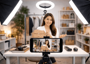 Penempatan sumber cahaya buatan yang strategis di dalam ruangan guna menciptakan kualitas video siaran langsung yang jernih dan menarik.