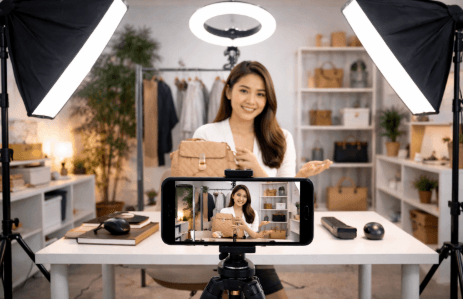 Penempatan sumber cahaya buatan yang strategis di dalam ruangan guna menciptakan kualitas video siaran langsung yang jernih dan menarik.